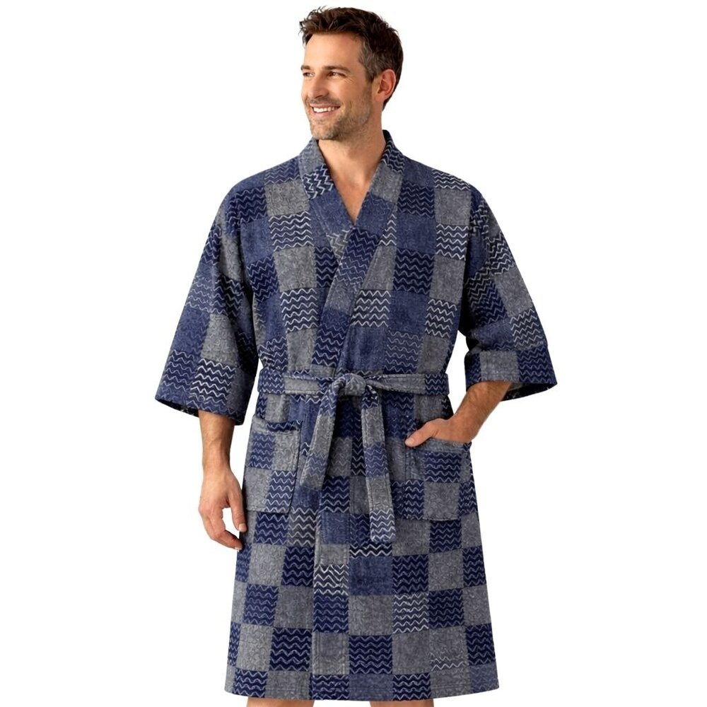 Croft Barrow Mens Kimono Robe OSFM Patchwork Lounge Cozy Bathrobe Belted Pockets